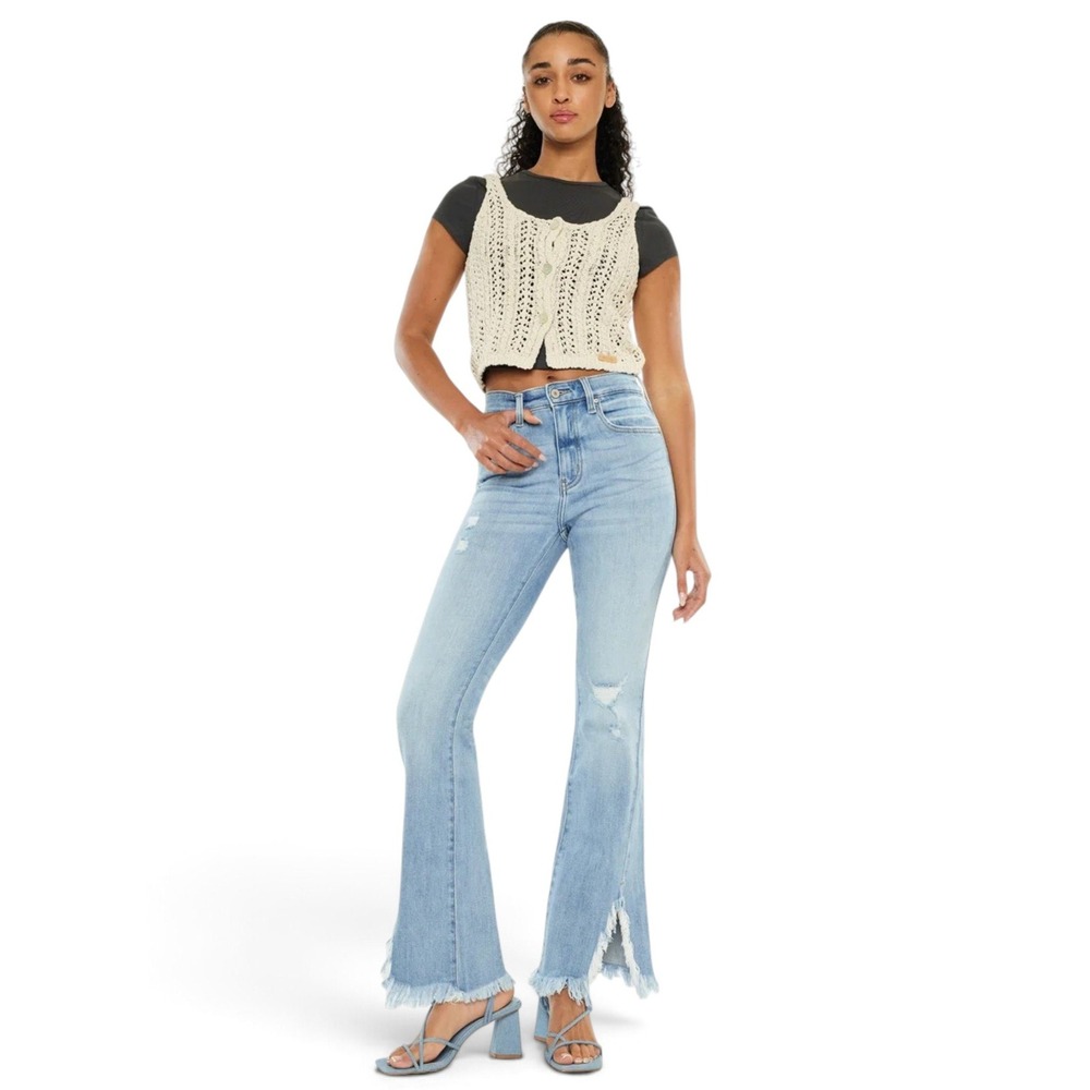 Kancan Marlene High Rise Bootcut Jeans Distressed Split Raw Hem Light Wash 5/26